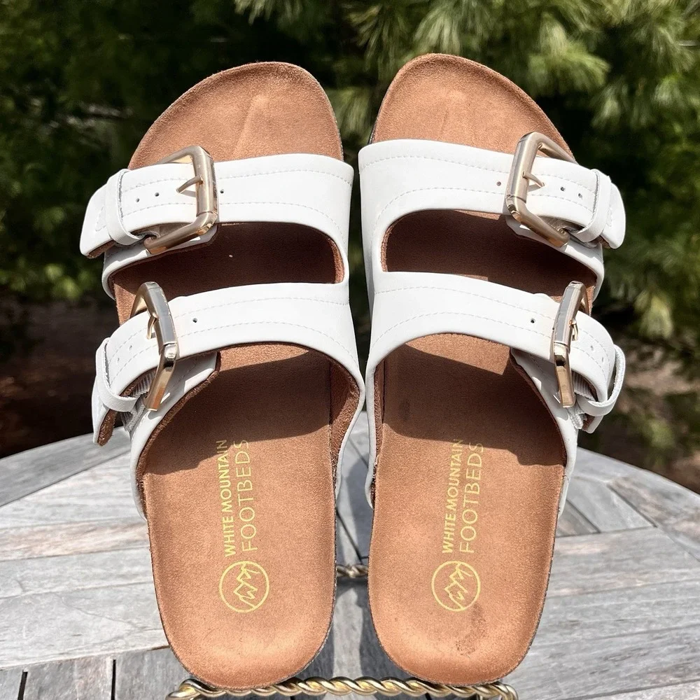 White Mountain Griffin Sandal Wmns Size 9 White Leather Double Strap Buckle Cork